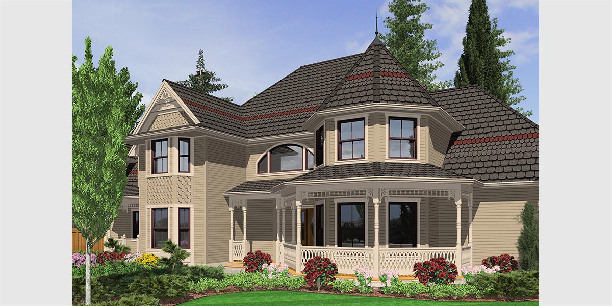 House front drawing elevation view for 10067 Victorian House Plans, Country Kitchen House Plans, Bonus Room Over Garage
