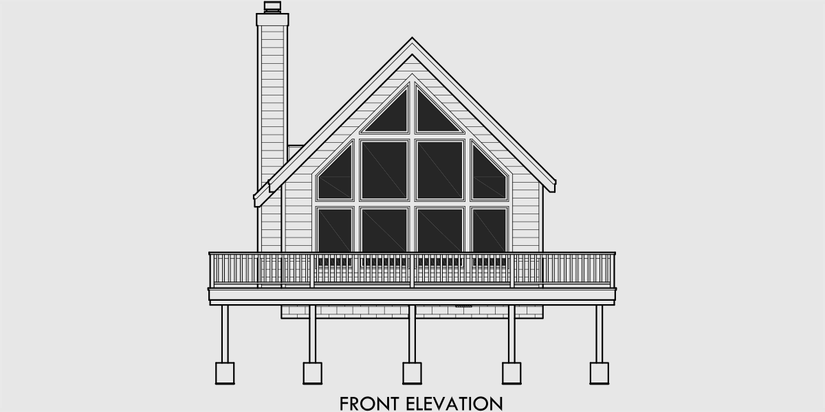 House front drawing elevation view for 10036-fb Small A-Frame house plans, house plans with great room, house plans with loft, house plans with wrap around porch, 10036