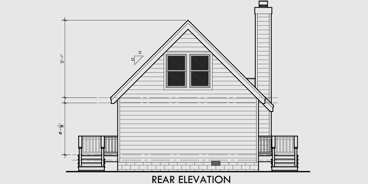 House side elevation view for 10036-fb Small A-Frame house plans, house plans with great room, house plans with loft, house plans with wrap around porch, 10036