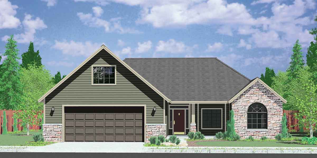 House front color elevation view for 10059 One Story House Plans, house plans with bonus room over garage, house plans with shop, 10059