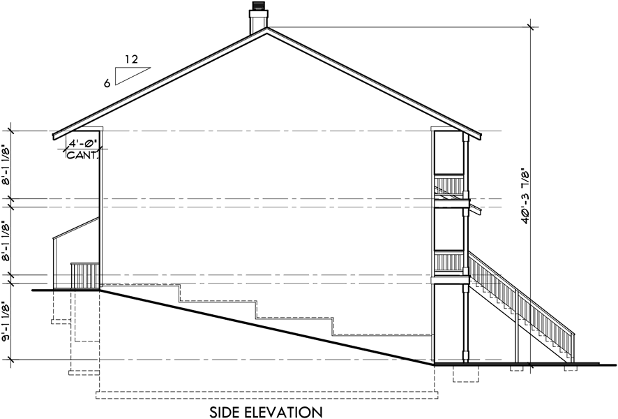 House front drawing elevation view for D-419 Duplex house plans, 3 story house plans, house plans with front decks, D-419