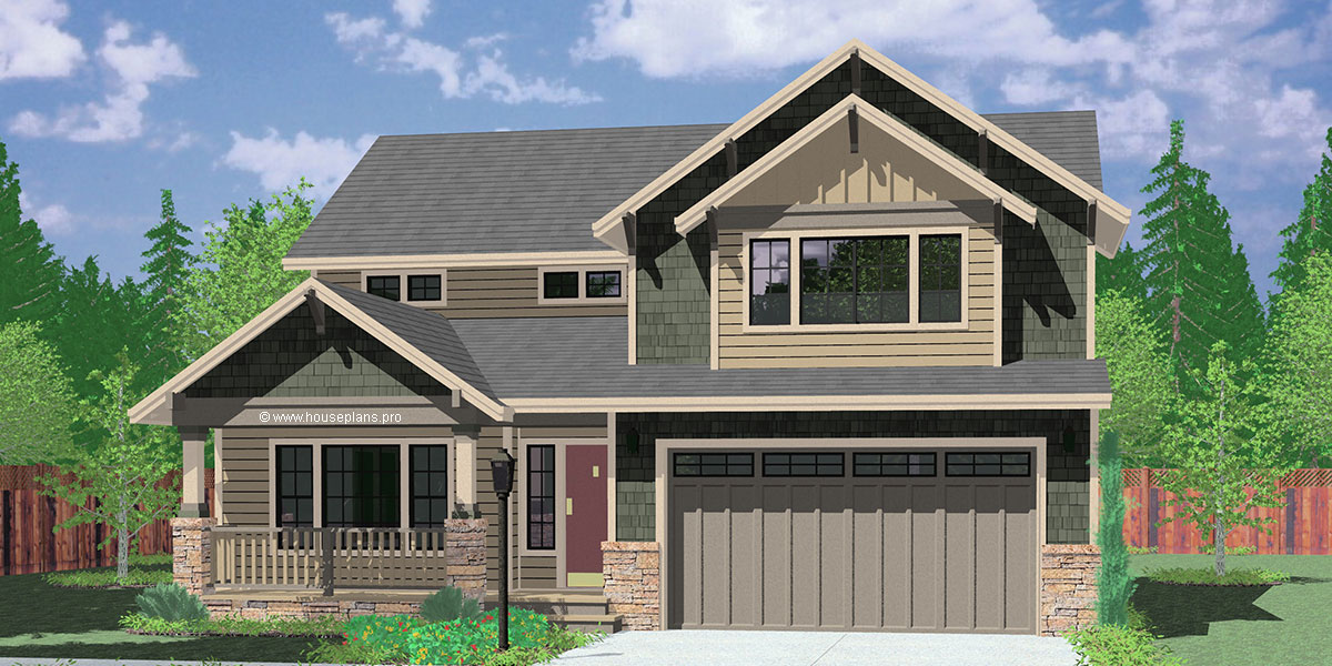 House front color elevation view for 9950-fb 4 bedroom house plans, craftsman house plans, 40 ft wide house plans, 40 x 40 house plans, two story house plans, 9950