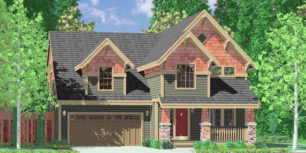 House front color elevation view for 10025 Craftsman house plans, house plans with bonus room over garage, narrow lot house plans, 40 x 40 house plans, 10025