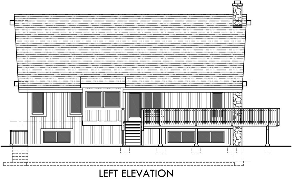House front drawing elevation view for 3683 A-Frame house plans, Vacation house plans, Masonry Fireplace, Wall of Windows