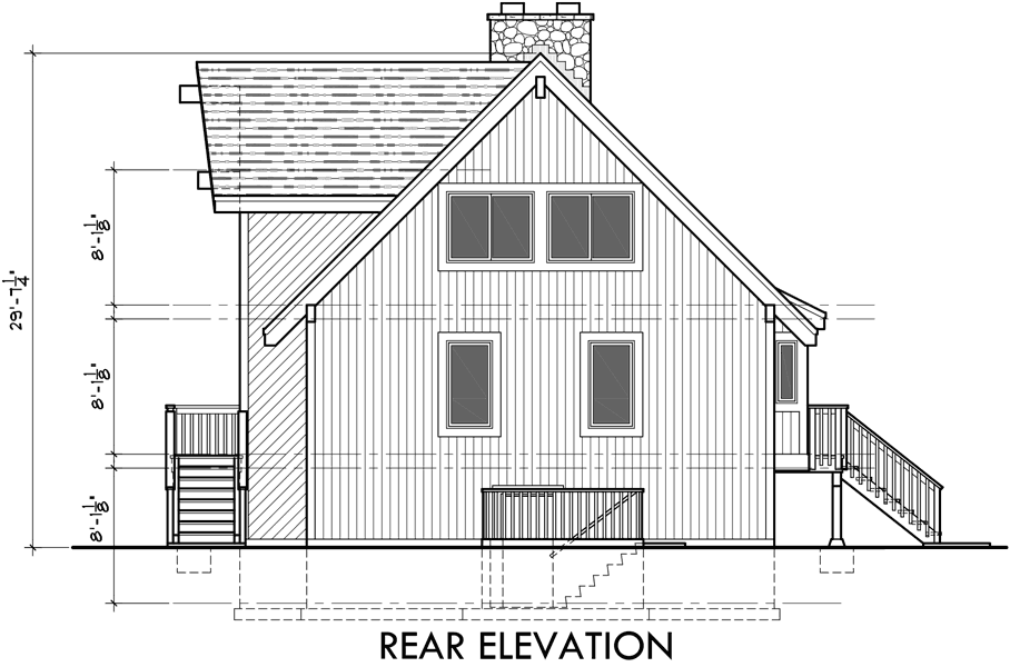 House rear elevation view for 3683 A-Frame house plans, Vacation house plans, Masonry Fireplace, Wall of Windows