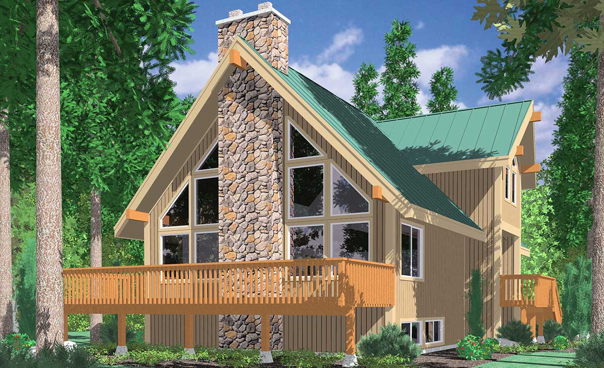 3683 A-Frame house plans, Vacation house plans, Masonry Fireplace, Wall of Windows