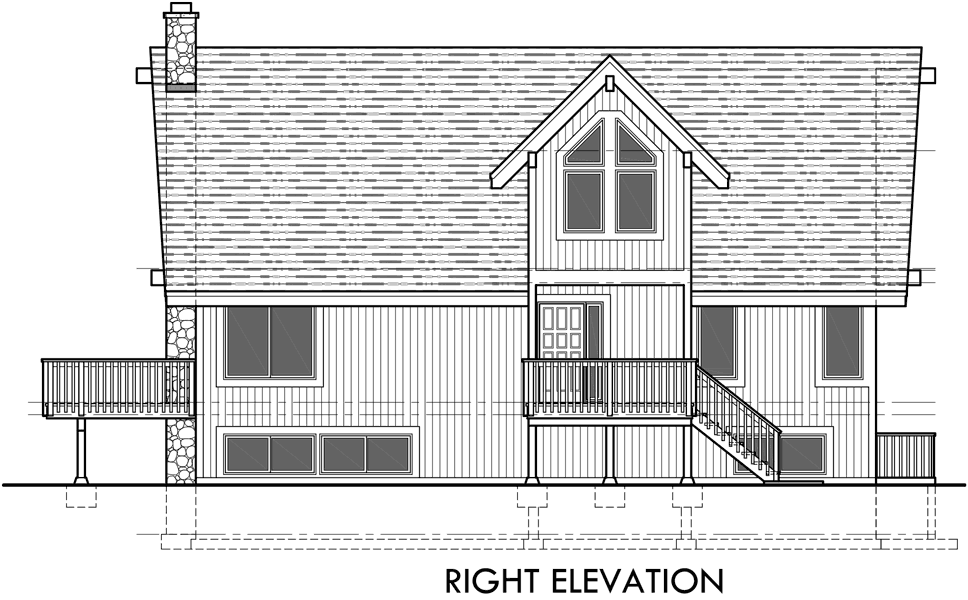 House side elevation view for 3683 A-Frame house plans, Vacation house plans, Masonry Fireplace, Wall of Windows