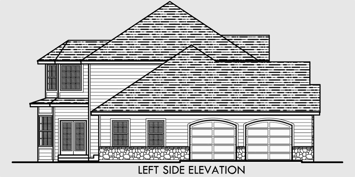 House side elevation view for 10045 Traditional House Plan features wrap around porch, Kitchen Island, Exercise, Large Bay Window Hot Tub, 3 Bedrooms, Side Load Garage