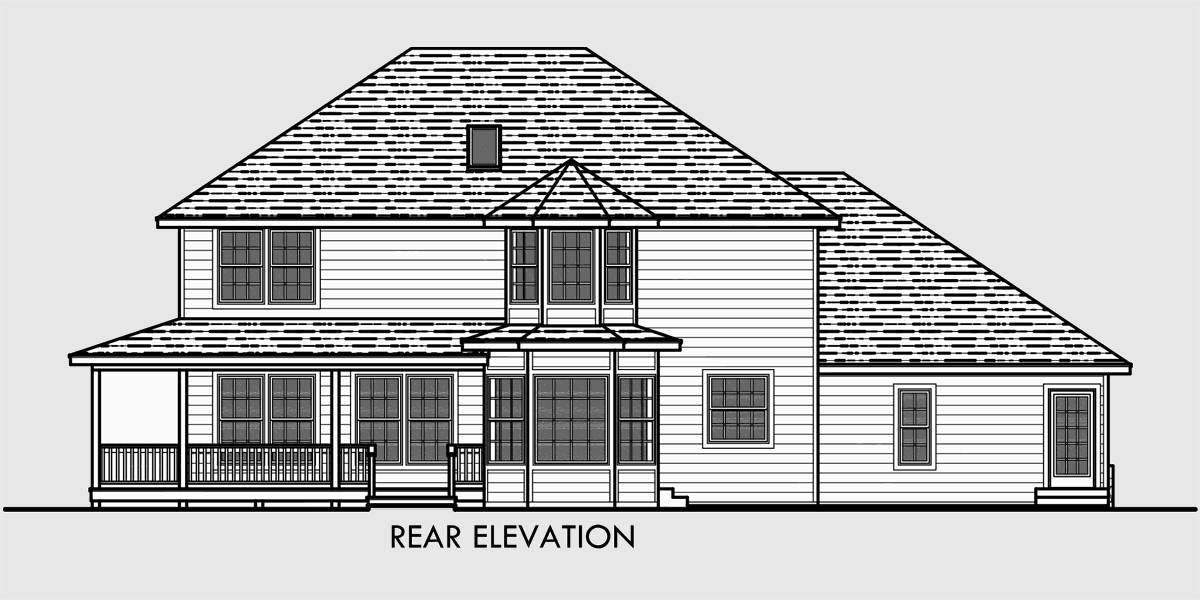House front drawing elevation view for 10045 Traditional House Plan features wrap around porch, Kitchen Island, Exercise, Large Bay Window Hot Tub, 3 Bedrooms, Side Load Garage