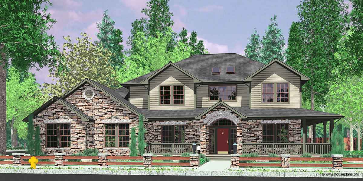 House front color elevation view for 10045 Traditional House Plan features wrap around porch, Kitchen Island, Exercise, Large Bay Window Hot Tub, 3 Bedrooms, Side Load Garage
