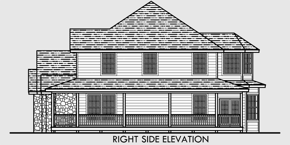 House rear elevation view for 10045 Traditional House Plan features wrap around porch, Kitchen Island, Exercise, Large Bay Window Hot Tub, 3 Bedrooms, Side Load Garage