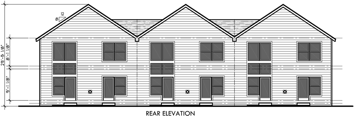 House front drawing elevation view for T-392 Triplex plans, master on the main house plans, row home plans, triplex plans with garage, T-392
