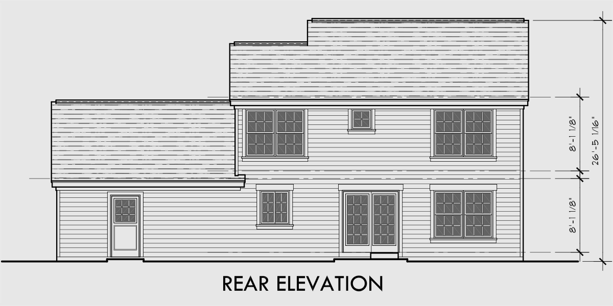 House rear elevation view for 9952 Colonial House Plan 3 Bedroom, 2 Bath, 2 Car Garage