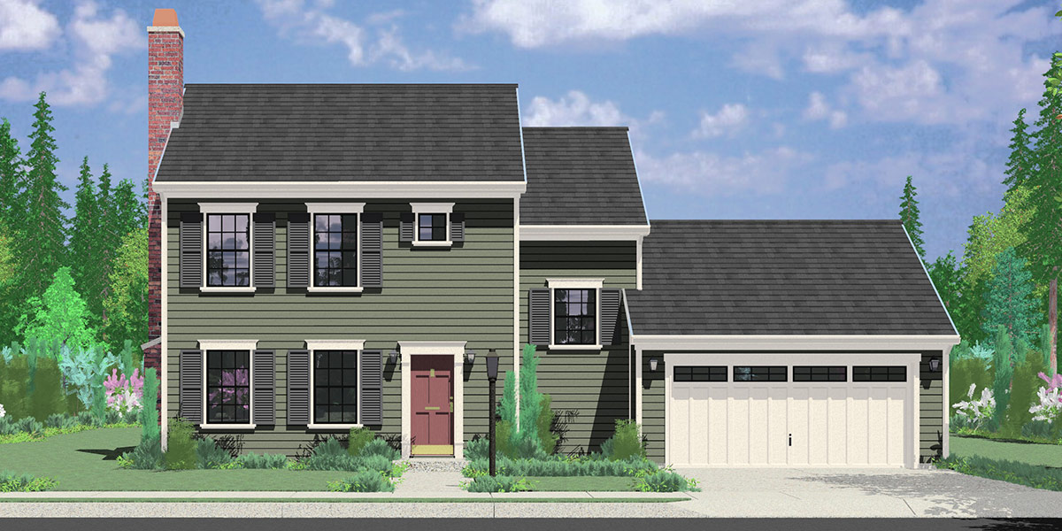 House front color elevation view for 9952 Colonial House Plan 3 Bedroom, 2 Bath, 2 Car Garage