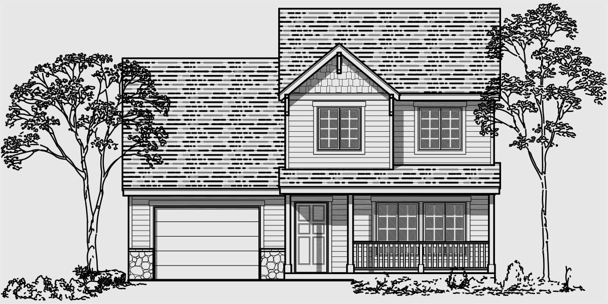 House front drawing elevation view for 9993 Narrow Lot House Plan, 4 bedroom house plan, bonus room plan, 9993 