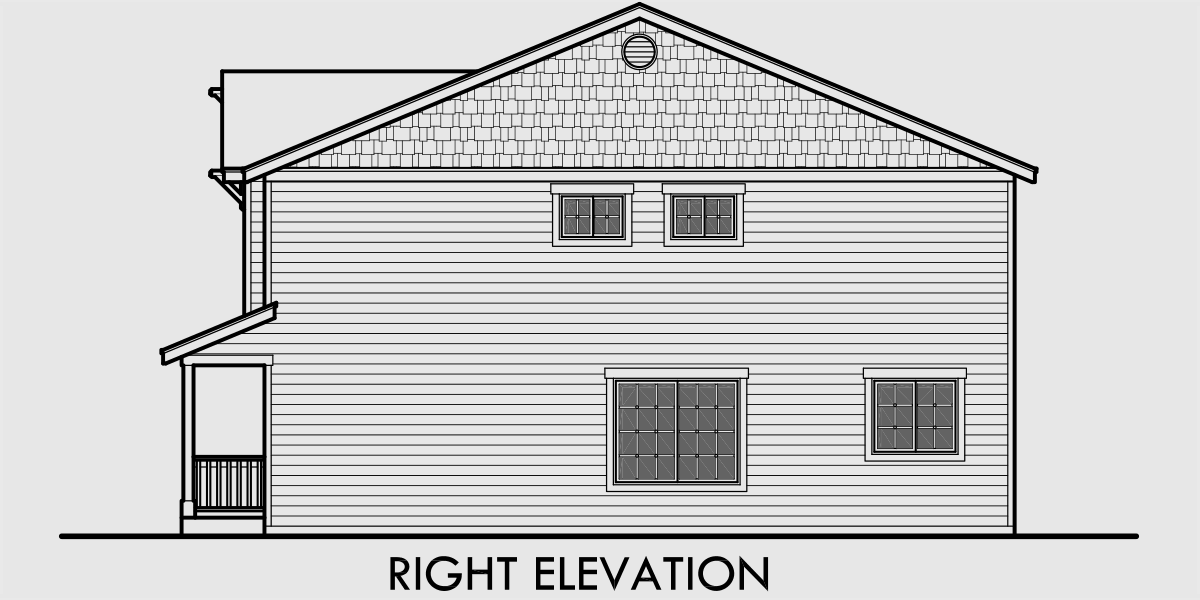 House rear elevation view for 9993 Narrow Lot House Plan, 4 bedroom house plan, bonus room plan, 9993 