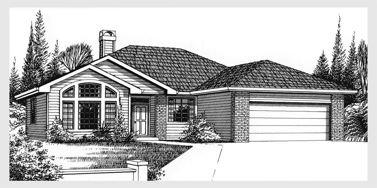 House front color elevation view for 9889 Single level house plans, ranch house plans, 3 bedroom house plans, one level house plans,  9889