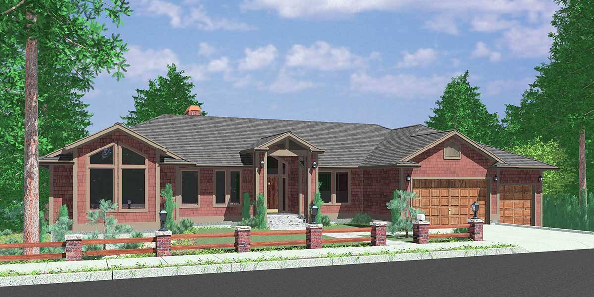 House front color elevation view for 10072 Custom Ranch house plan w/ daylight Basement and RV Garage