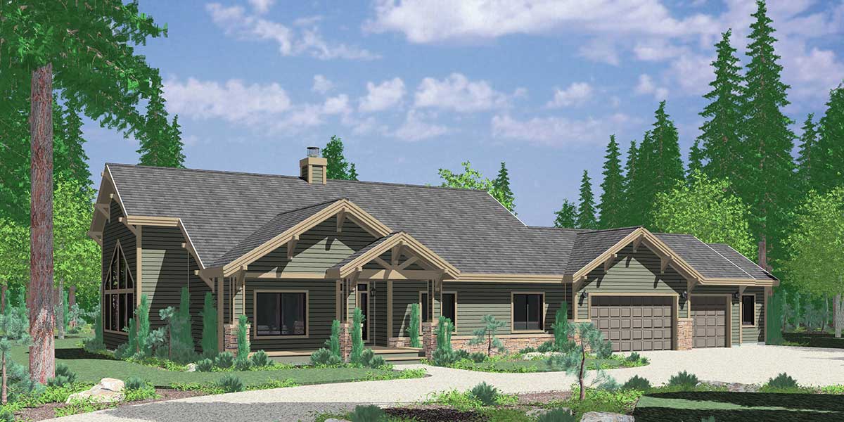 House front color elevation view for 10086 Ranch House Plan featuring Gable Roofs