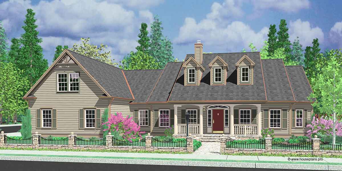 House front color elevation view for 10088 colonial house plans dormers bonus room over garage single level one story ranch house plan 3 car side load garage 4 bedroom great room nook covered porch patio