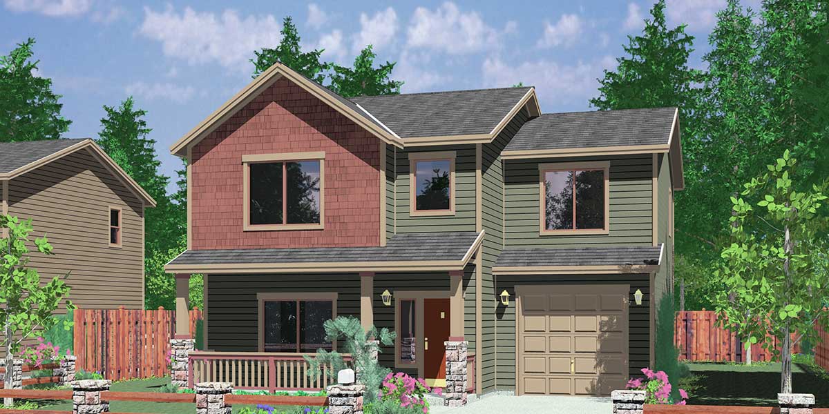 House front color elevation view for 10094 Narrow lot house plans, small lot house plans, 3 bedroom house plans, 10094