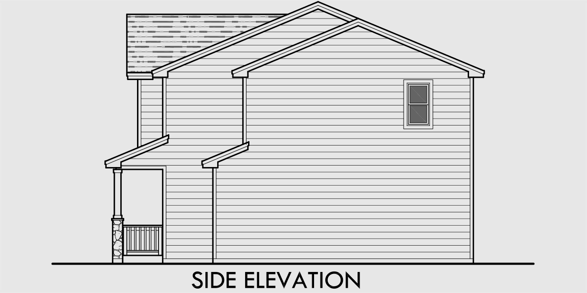 House side elevation view for 10094 Narrow lot house plans, small lot house plans, 3 bedroom house plans, 10094
