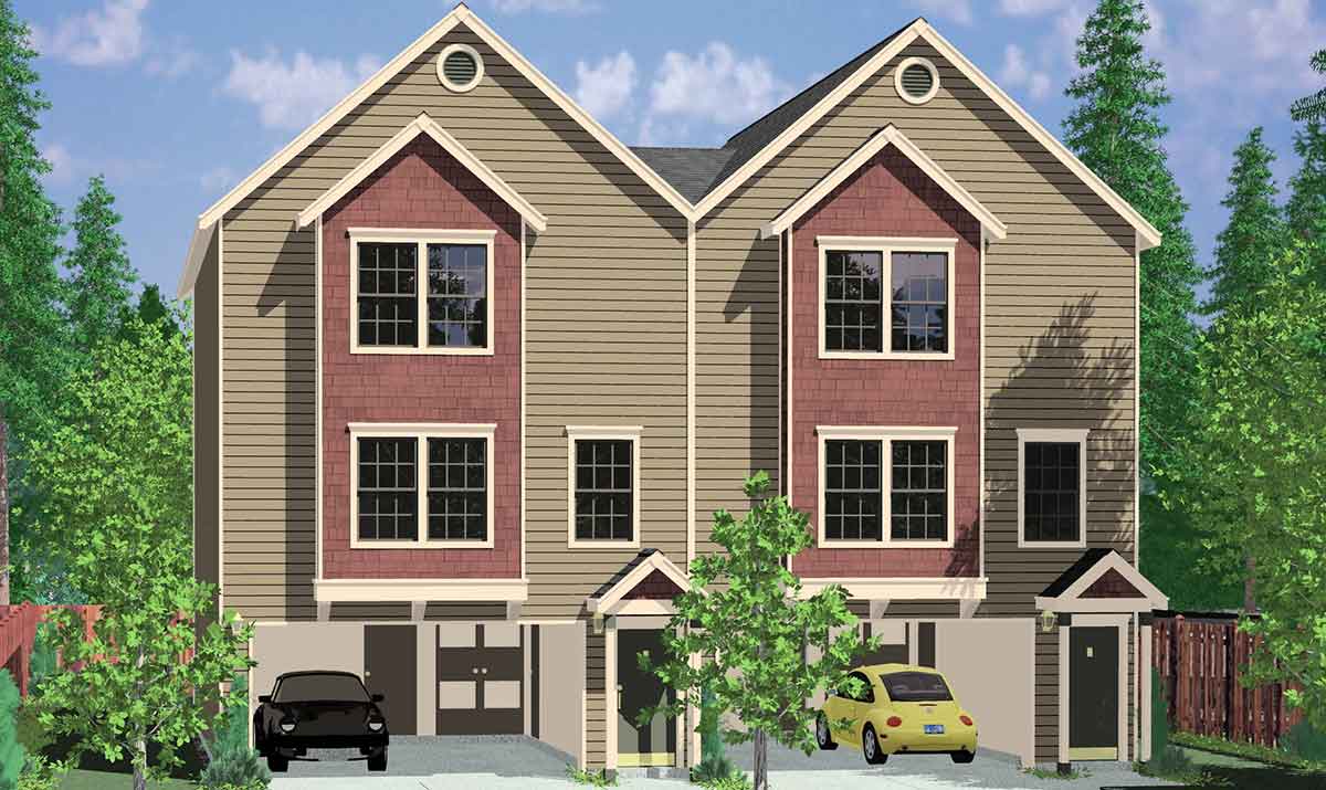 House front color elevation view for D-460 Duplex house plans, 3 story duplex house plans, D-460