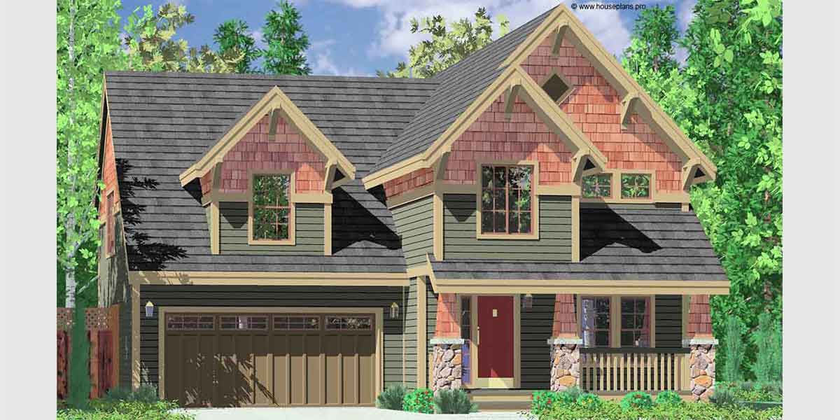 House front color elevation view for 10104 Craftsman house plans, house plans with bonus room, 40 x 40 house plans, narrow lot house plans, 10104