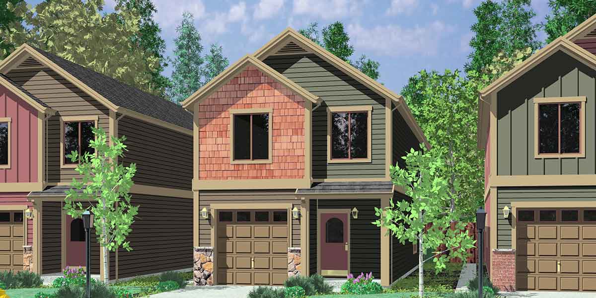 House front color elevation view for 10105 Narrow lot house plans, small house plans with garage, 3 bedroom house plans, 20 ft wide house plans, 10105