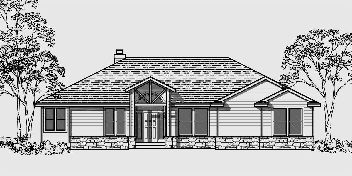 House front color elevation view for 10001 One story house plans, daylight basement house plans, 3 bedroom house plans, side entry garage plans, side load garage plans, 10001