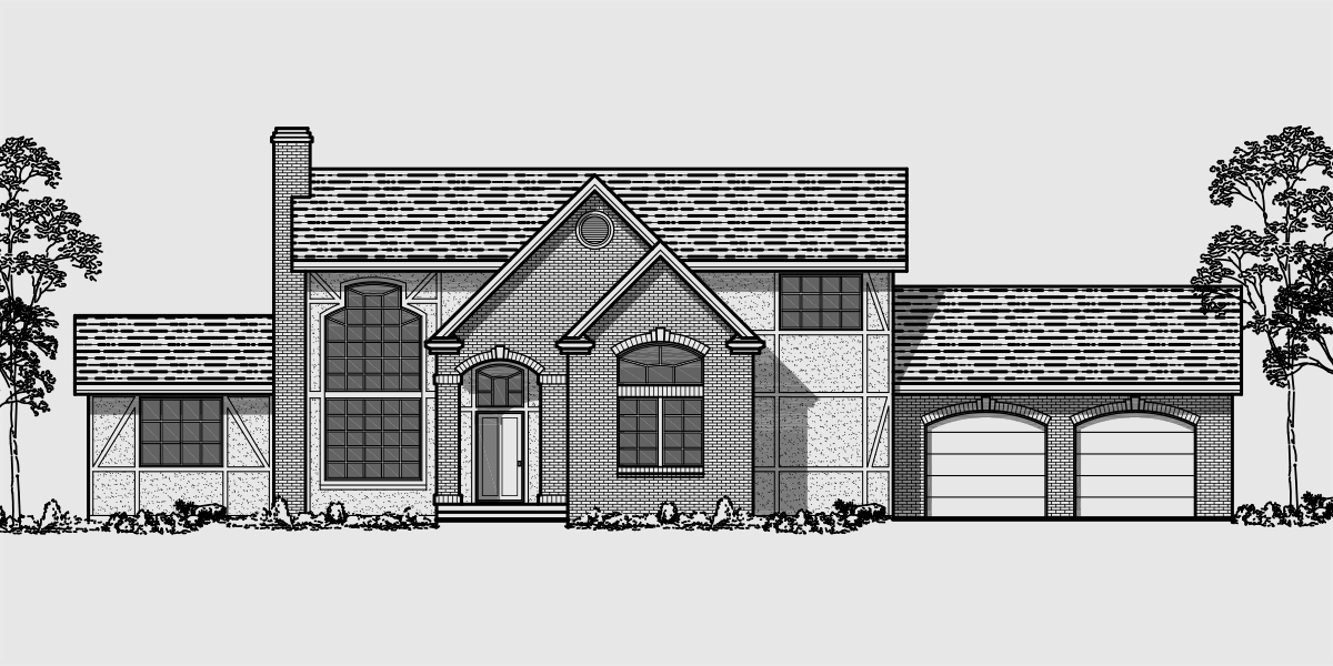House front color elevation view for 9912 Tudor House Plan, master bedroom on main floor, house plans with Loft, 9912
