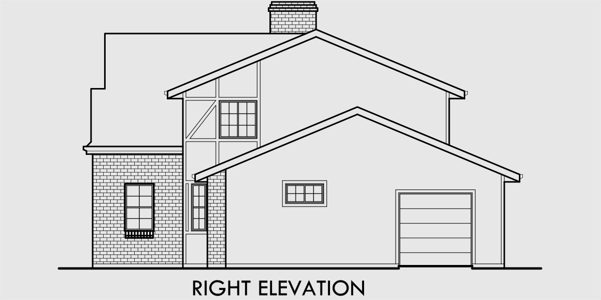 House rear elevation view for 9912 Tudor House Plan, master bedroom on main floor, house plans with Loft, 9912