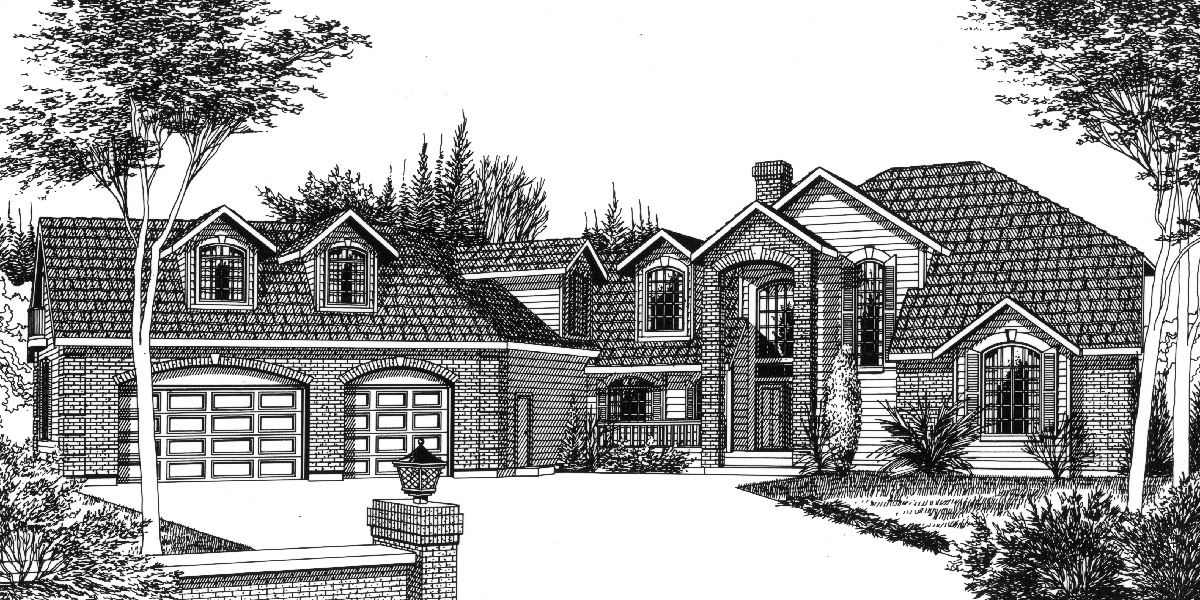 House front color elevation view for 9895 Country house plans, Luxury house plans, Master bedroom on main floor, Bonus room over garage, Daylight basement, 9895
