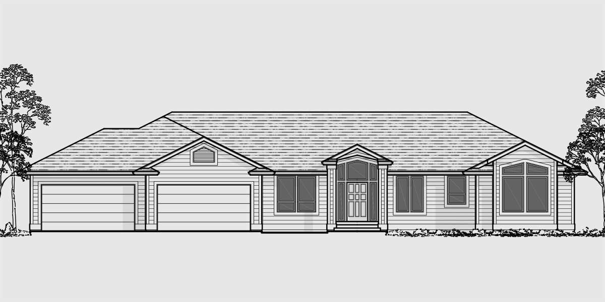 House front color elevation view for 10054 Sprawling ranch house plans, Daylight basement, Great room house plans, Recreational Room, 4 Car Garage
