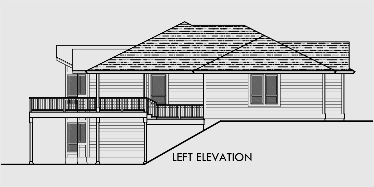 House side elevation view for 10054 Sprawling ranch house plans, Daylight basement, Great room house plans, Recreational Room, 4 Car Garage
