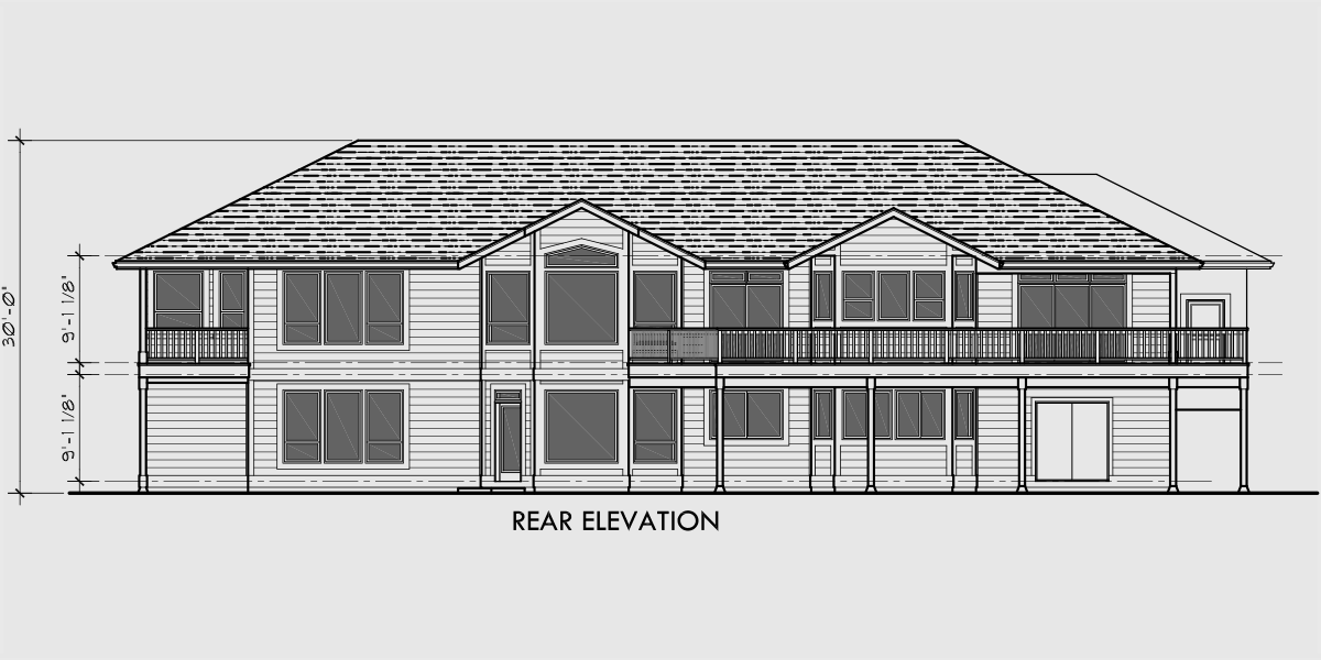 House front drawing elevation view for 10054 Sprawling ranch house plans, Daylight basement, Great room house plans, Recreational Room, 4 Car Garage