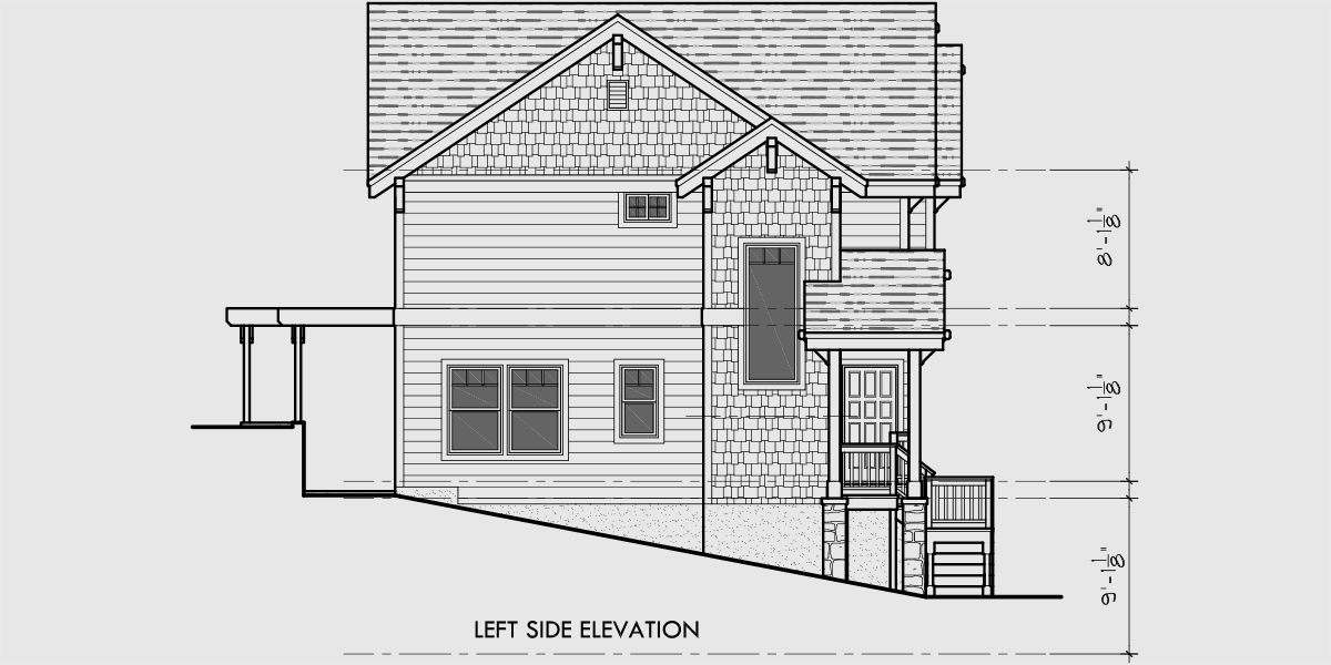 House front drawing elevation view for 10110 Craftsman house plan for sloping lots has front Deck and Loft