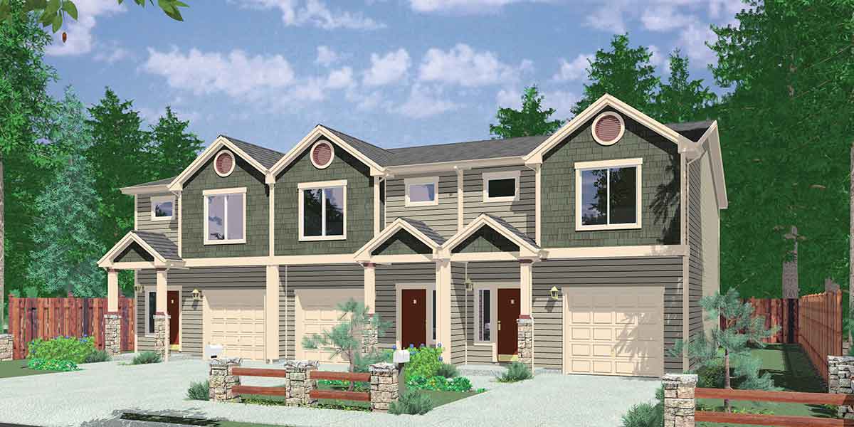 House front color elevation view for T-397 triplex house plans best selling 3 bedroom 2.5 baths 1 car garage
