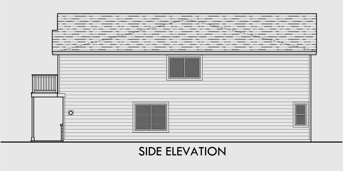 House side elevation view for D-568 Duplex house plans, house plans with rear garages, D-568