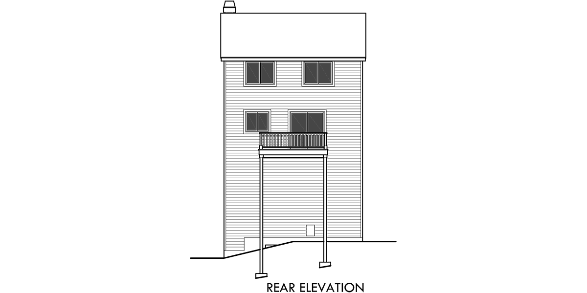 House side elevation view for 10026 Three Story House Plan with Window seats in Master bedroom & Living room, Upper level Deck, and 2 car garage