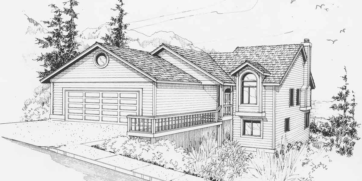 House front color elevation view for 9640 Rear View House Plan w/ Daylight Basement