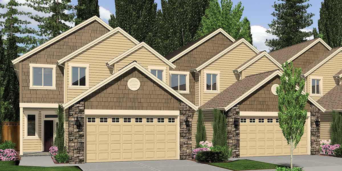House front color elevation view for F-541 4 plex house plans, master bedroom on main, 4 unit townhouse plans, fourplex house plans
