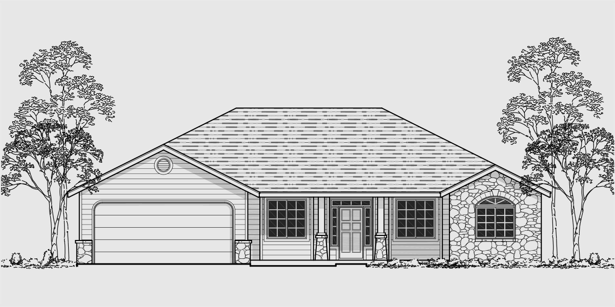 House front drawing elevation view for 10055 Single level house plans, ranch house plans, 3 bedroom house plans, great room house plans, house plans with shop, covered porch house plans, 10055