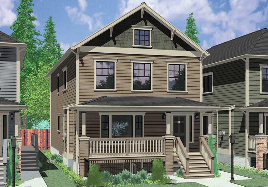 House front color elevation view for D-593 Multigenerational house plans, master on the main house plans, ADU house plans, mother in law house plans, Portland house plans, two master suites house plans, D-593, Airbnb rentals