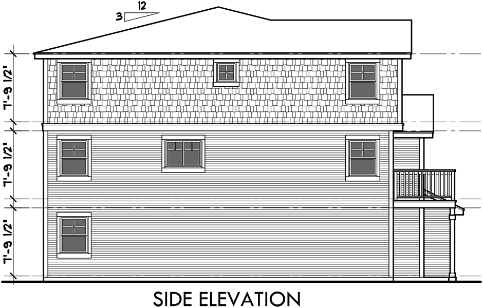 House side elevation view for D-585 Townhouse Plans, Row House   Plans, 4 Bedroom Duplex House Plans