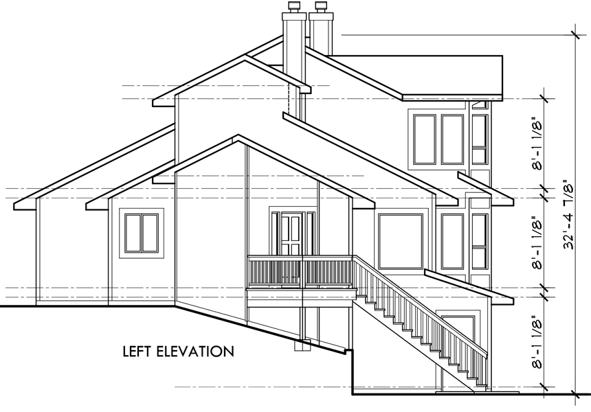 House rear elevation view for 9600 View house plans, sloping lot house plans, multi level house plans, luxury master suite plans, 3d house plans, 9600