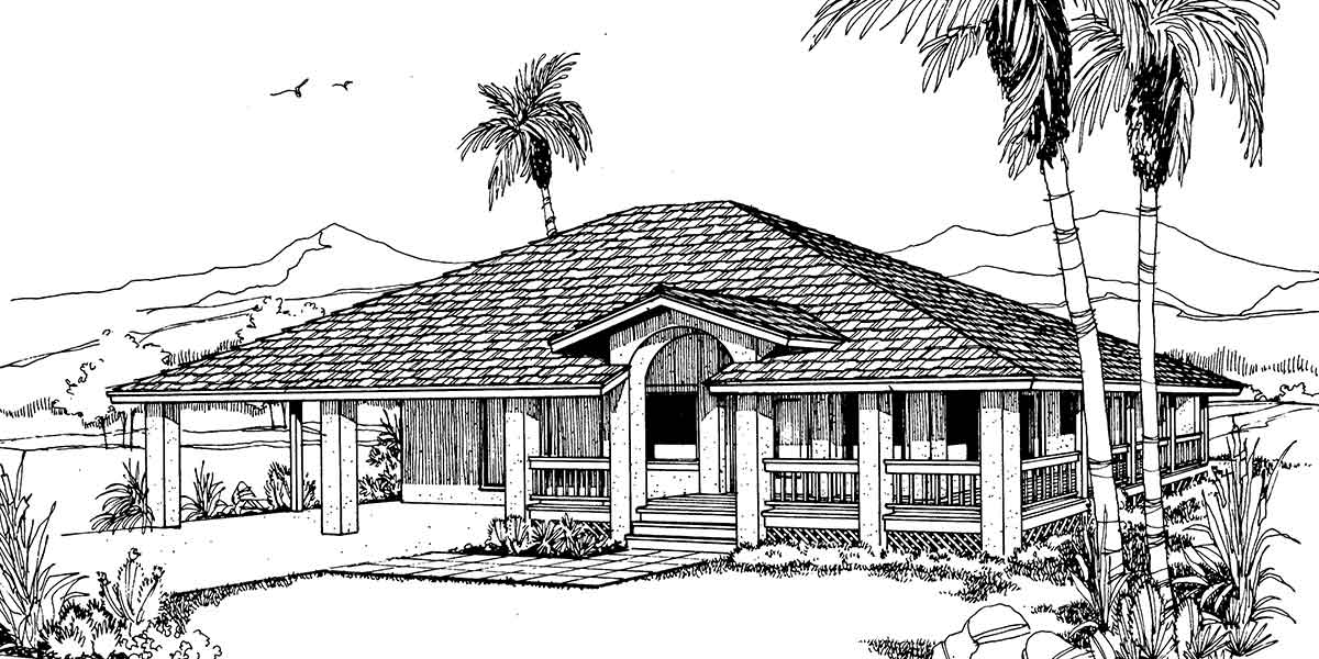 House front color elevation view for 1185 Beach House Plan w/ wrap around porch mediterranean house plans www.houseplans.pro