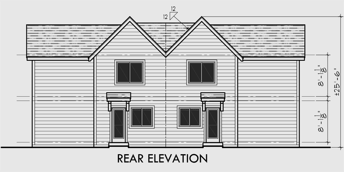 House side elevation view for D-512 Duplex house plans, duplex house plans with garage, small duplex house plans, two story duplex house plans, D-512