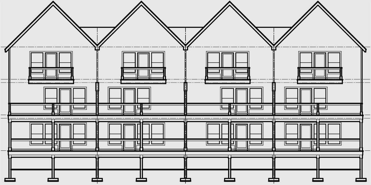 House rear elevation view for F-565 Fourplex house plans, daylight basement house plans, F-565, row house, townhouse