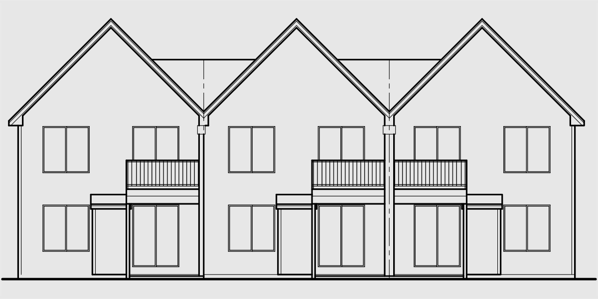 House rear elevation view for T-411 Popular Row house & Triplex Design 3 bedroom 2.5 bath one car garage